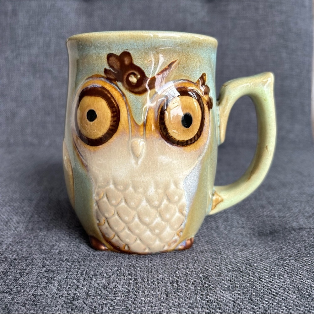 Gibson Owl Coffee Mug, Earth Tones Jade Green, Brown, Ivory, 11 oz